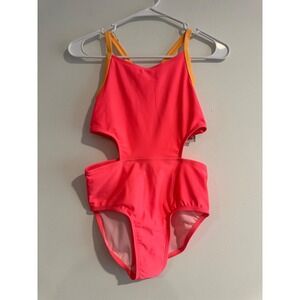 Cat & Jack Cutout One Piece Swimsuit Girls L 10/12 Coral Pink Neon Monokini